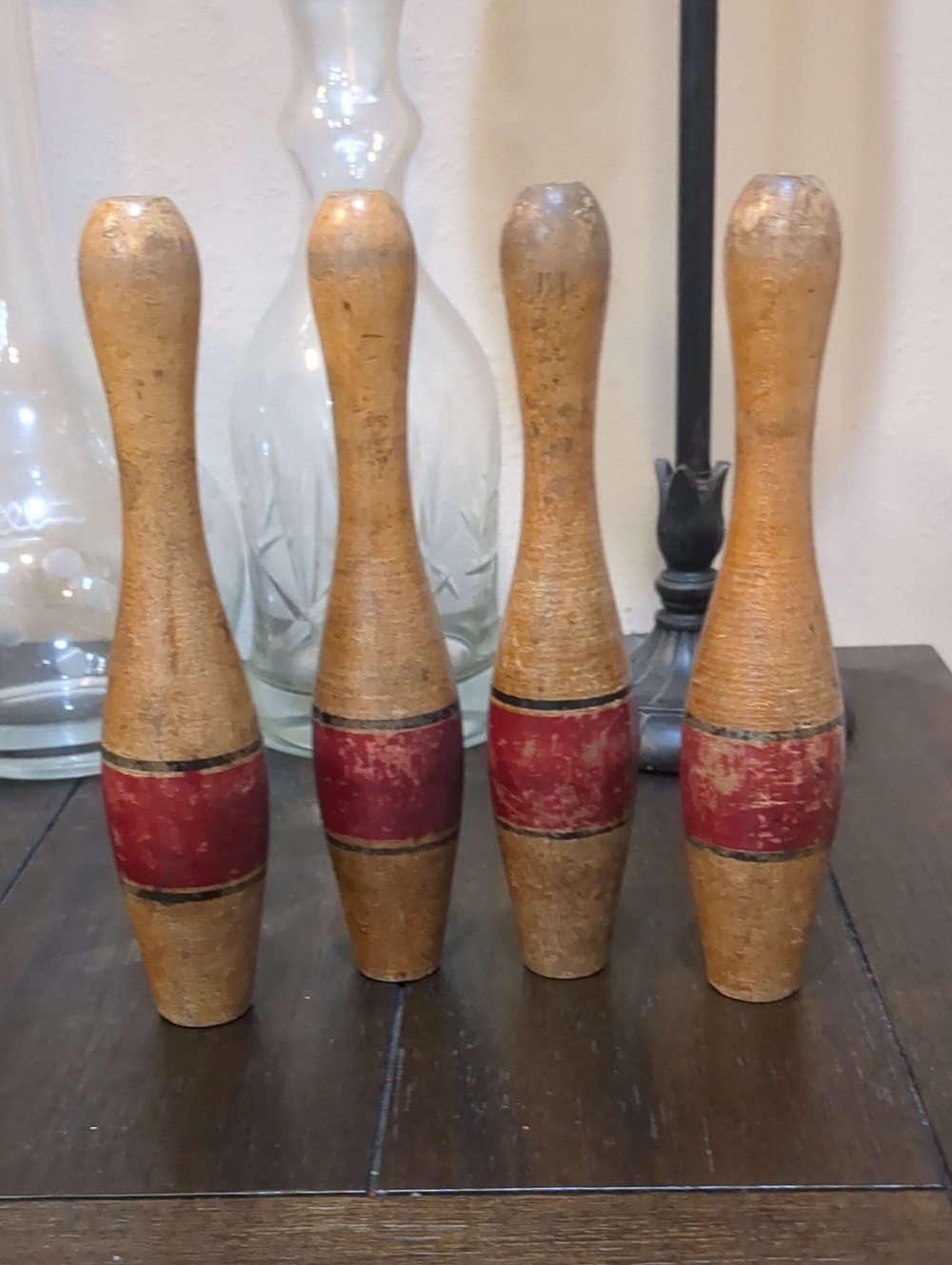 Vintage Wooden Bowling Pins Set 4 - Red and Natural Finish